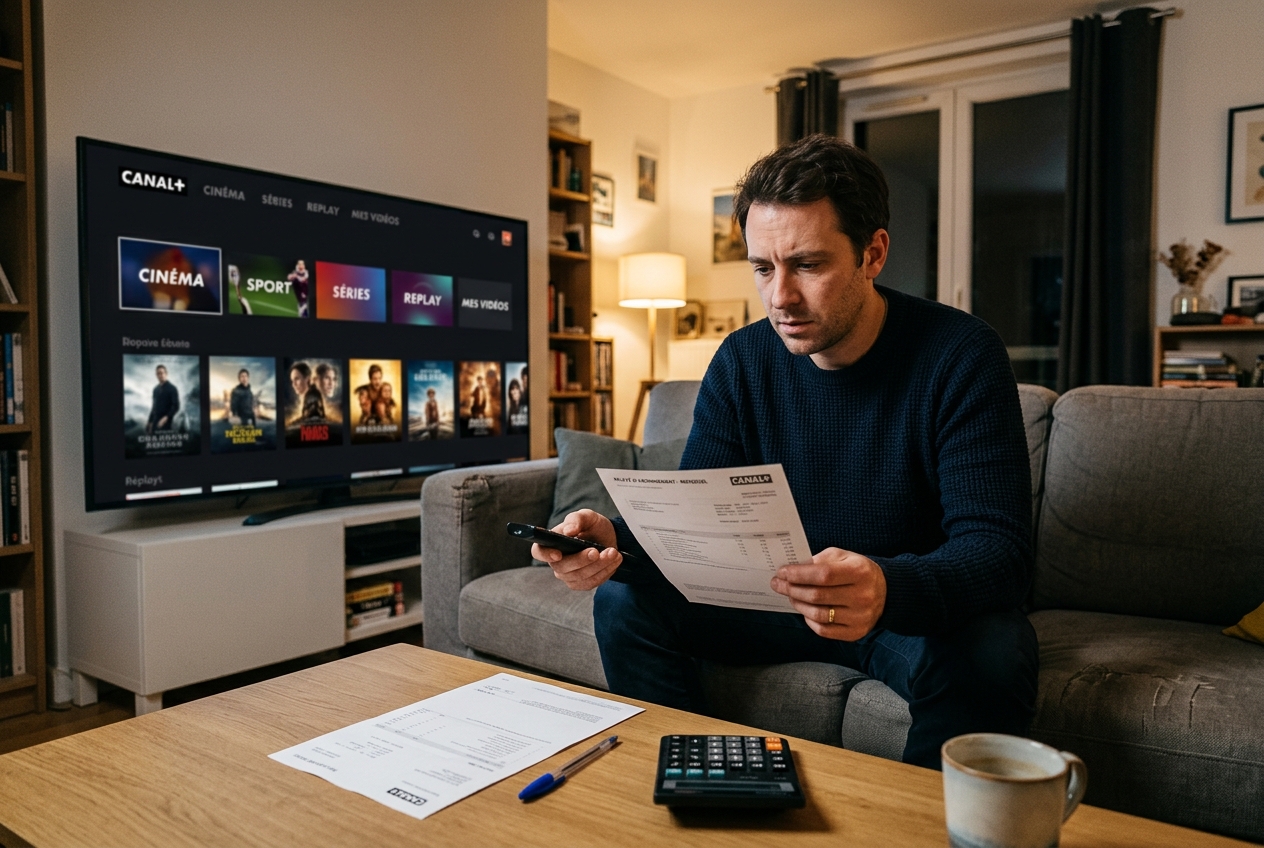 Un abonné regarde une facture et une calculatrice devant un écran de télévision affichant une interface de streaming.