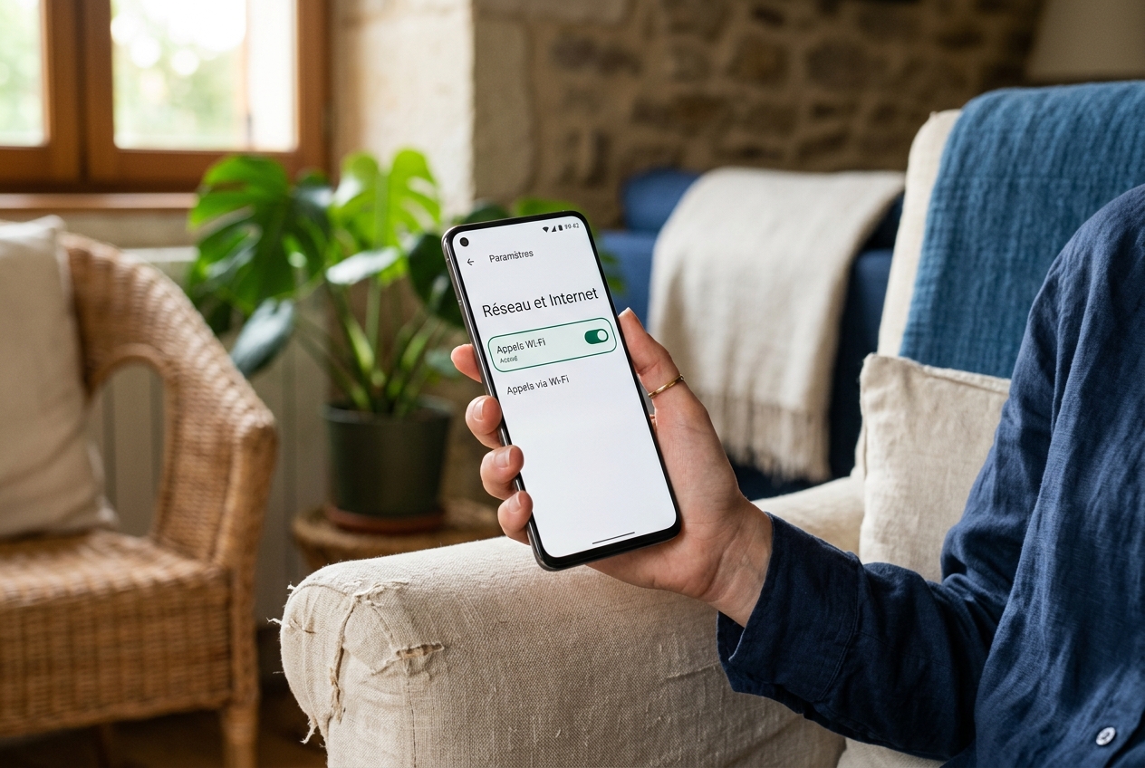 Main tenant un smartphone affichant le menu Appels Wi-Fi activé dans un intérieur de maison de campagne.