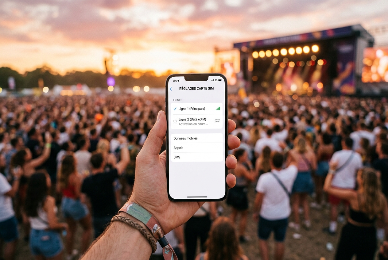 Main tenant un smartphone affichant une activation de ligne eSIM 5G devant une foule de festival en plein air.