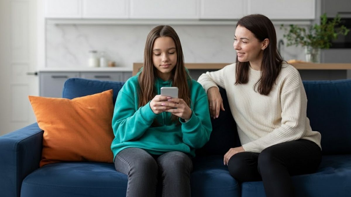 Une maman regarde sa fille utiliser son smartphone sur un canapé