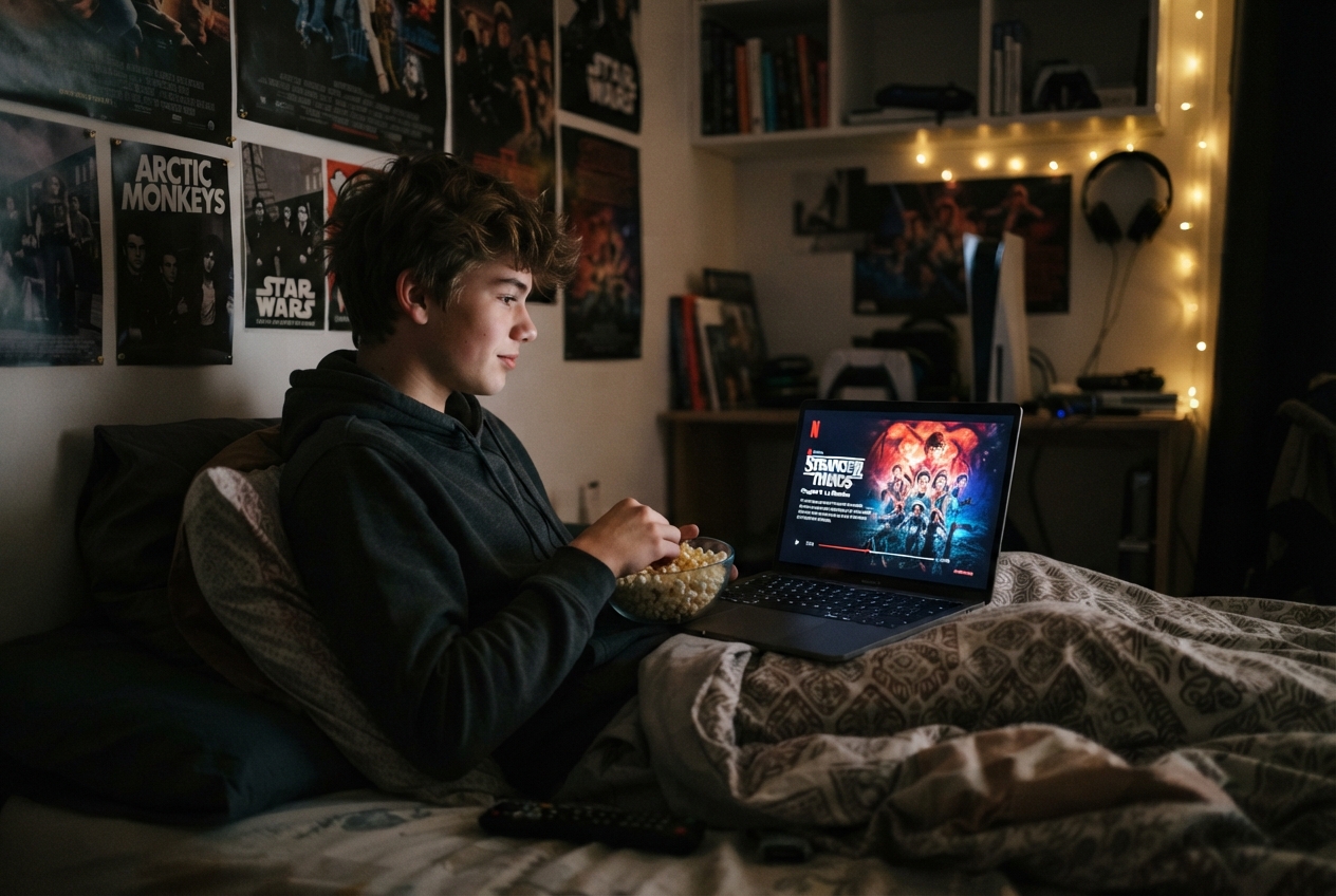 Un adolescent regarde un film sur l'interface Netflix.