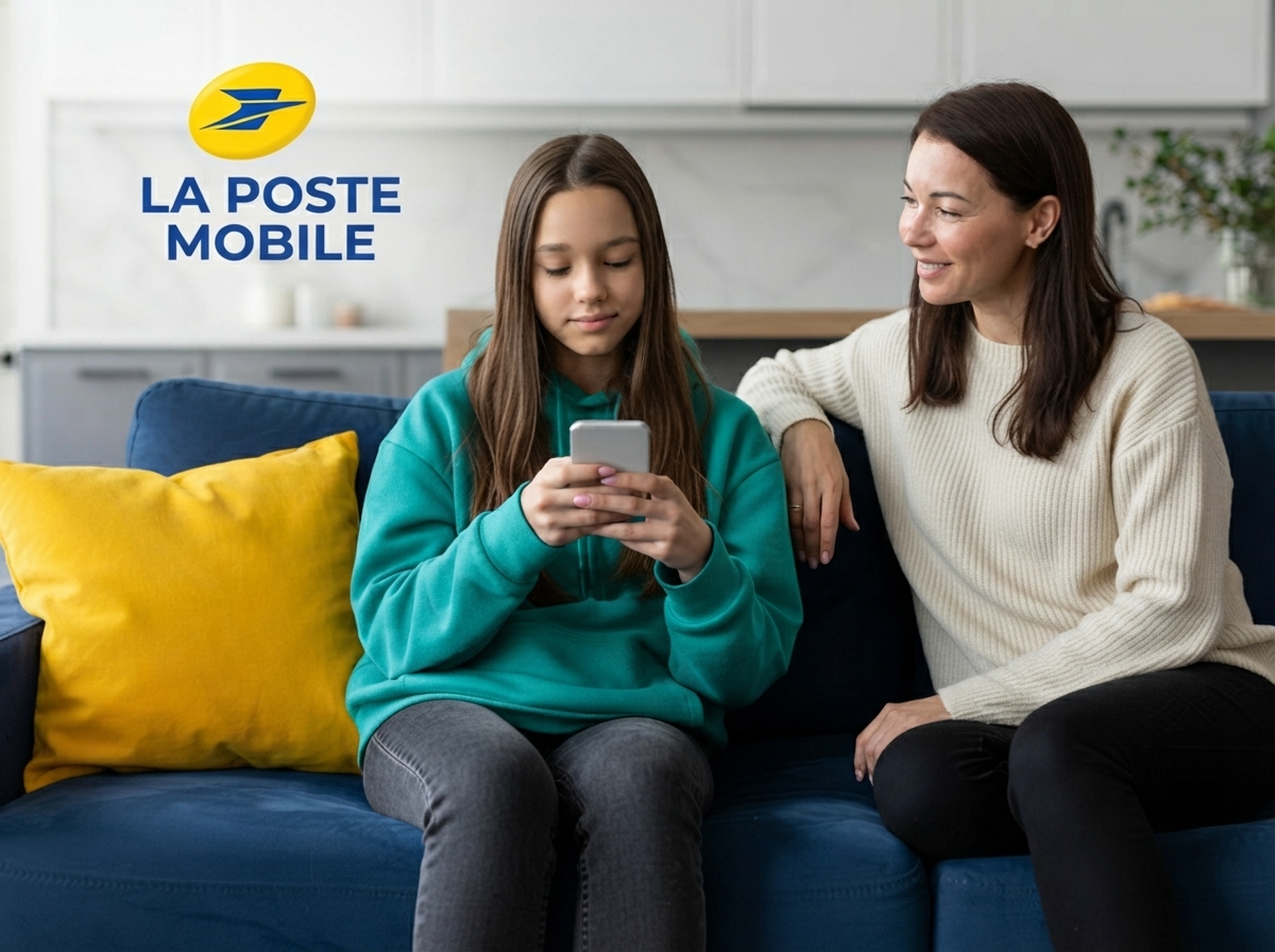 Maman sur canape surveille sa fille et son smartphone grâce au forfait -18 ans La Poste Mobile