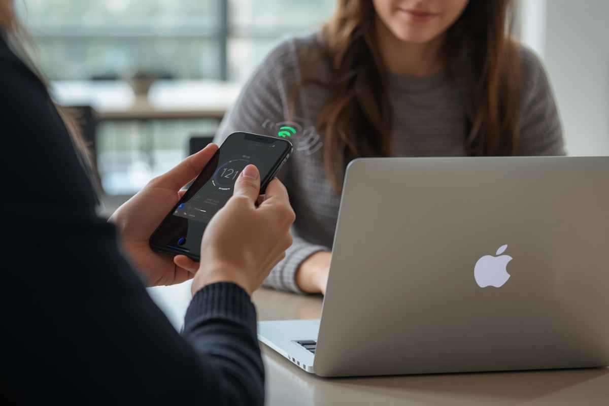 Une femme transfère ses données via iPhone avec Airdrop