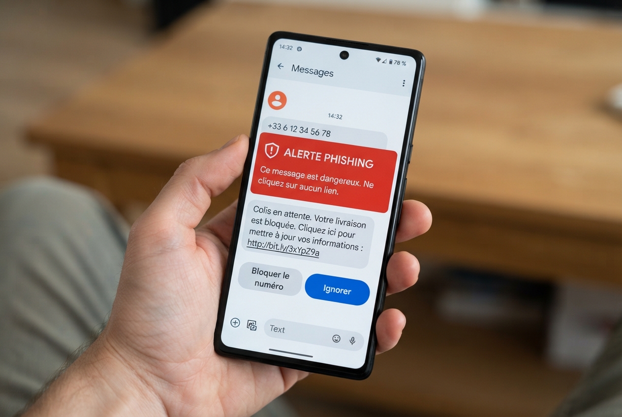 Smartphone Google Pixel affichant une notification d'alerte de phishing par SMS.