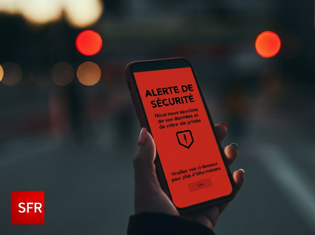 Main tient smartphone avec écran rouge pour alerte sécurité, car appli Bitdfender en option à 5€ avec forfait mobile SFR