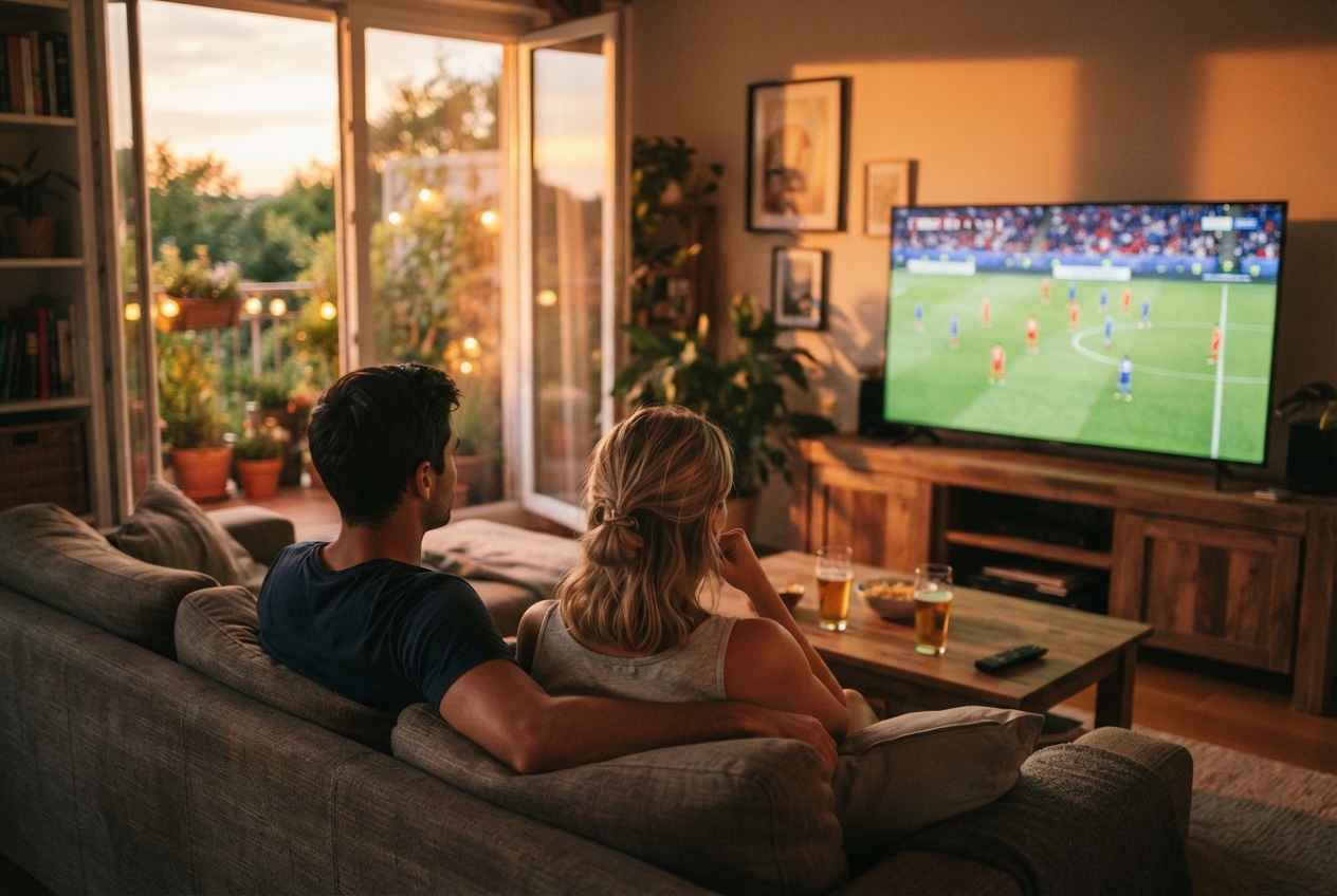 Deux personnes assises sur un canapé regardent un match de football à la télévision en soirée.