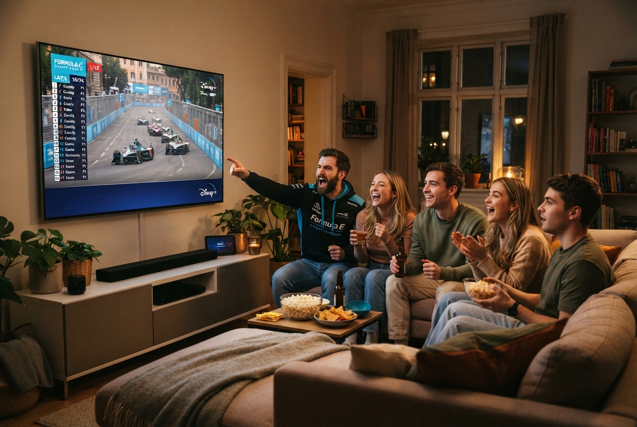 Des amis regardent une course de Formula E diffusée sur Disney+ à la télévision.