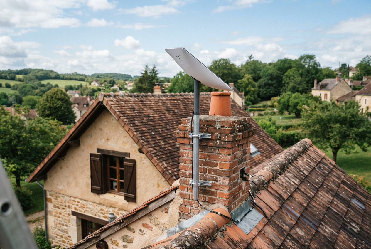 Antenne parabolique Starlink fixée sur un mât au sommet d'une cheminée de maison.