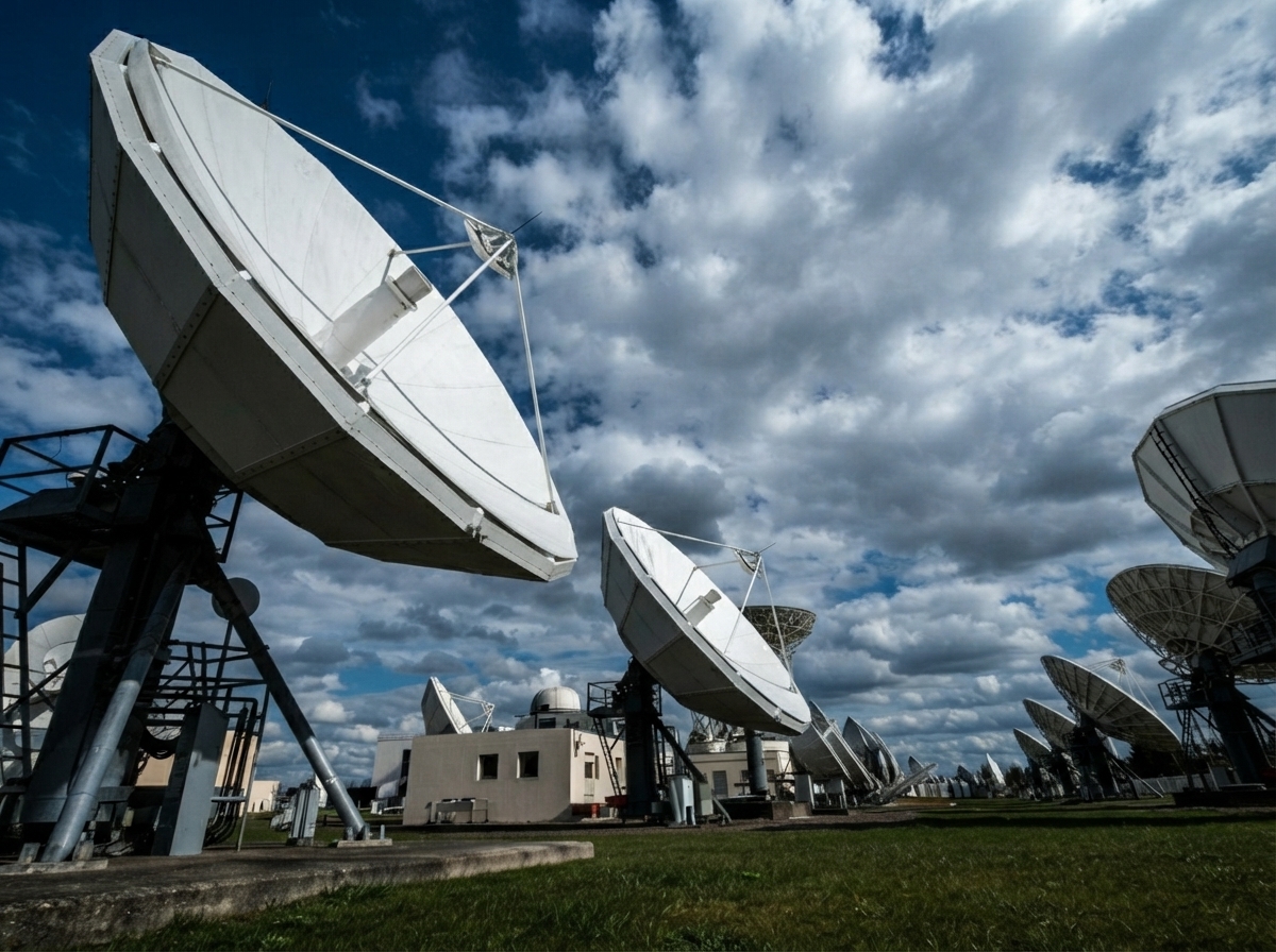 Des antennes paraboliques d'une station au sol communiquent vers les satellites