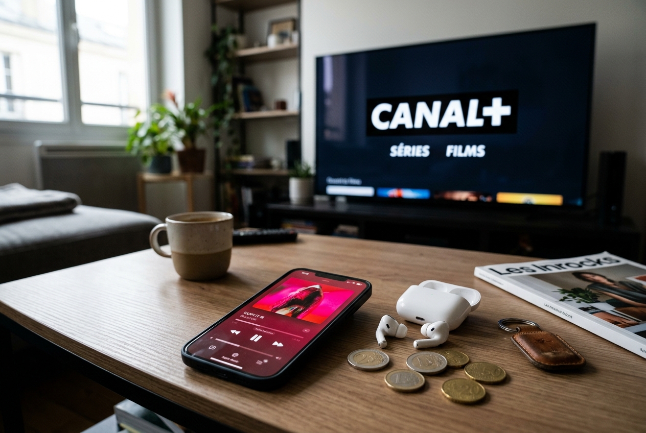 iPhone affichant Apple Music, écouteurs et pièces de monnaie sur une table, avec le logo Canal+ en arrière-plan.