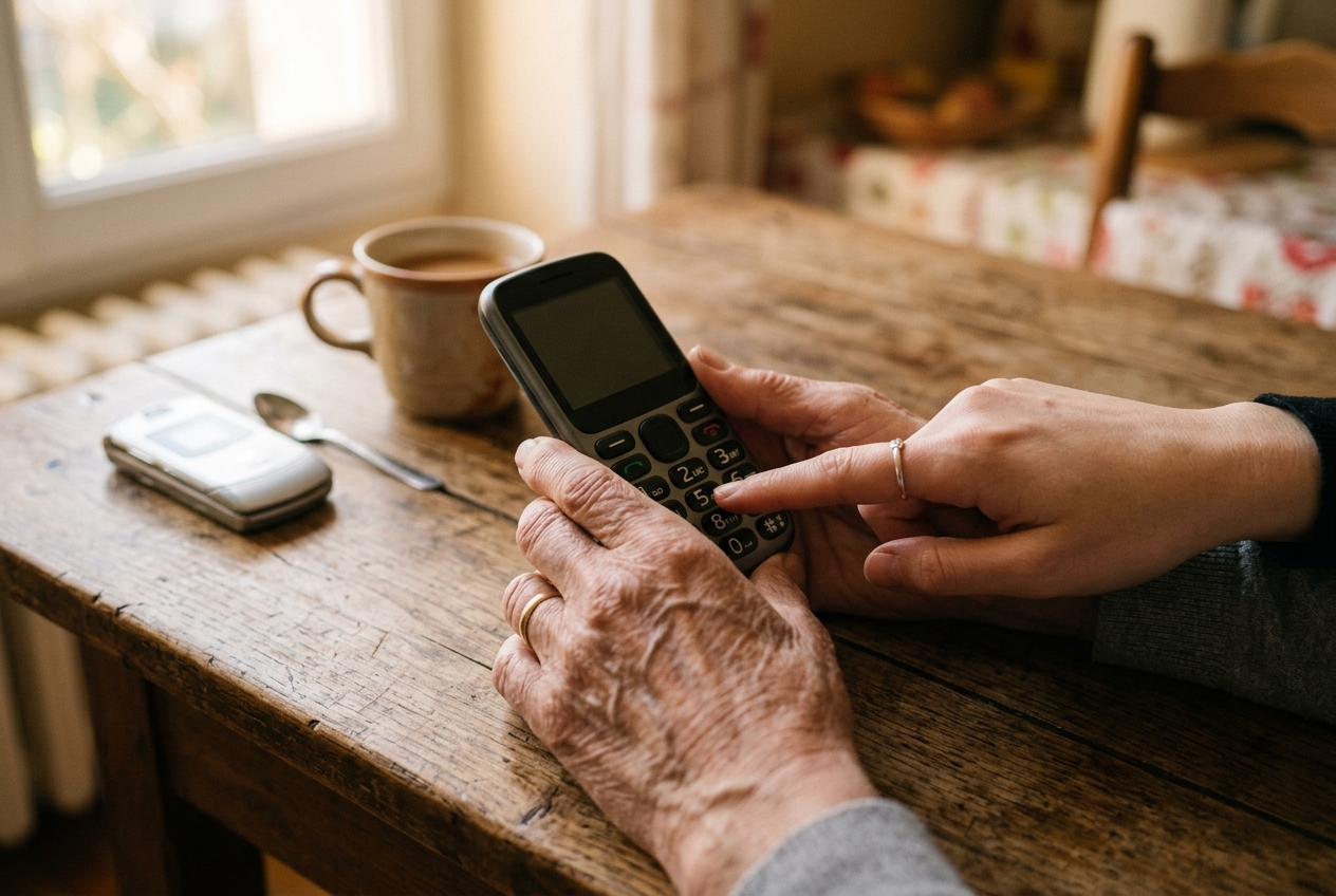 Mains d'une personne âgée et d'une personne jeune sur un téléphone à touches sur une table en bois.