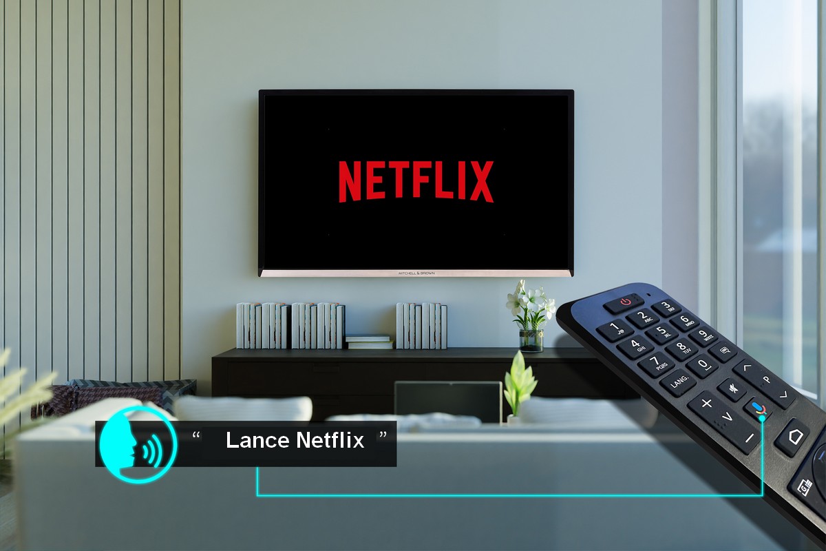 Télé dans le salon, avec télécommande et touche miccro pour lancer Netflix avec l'assistant Google, dispo sur les Bbox