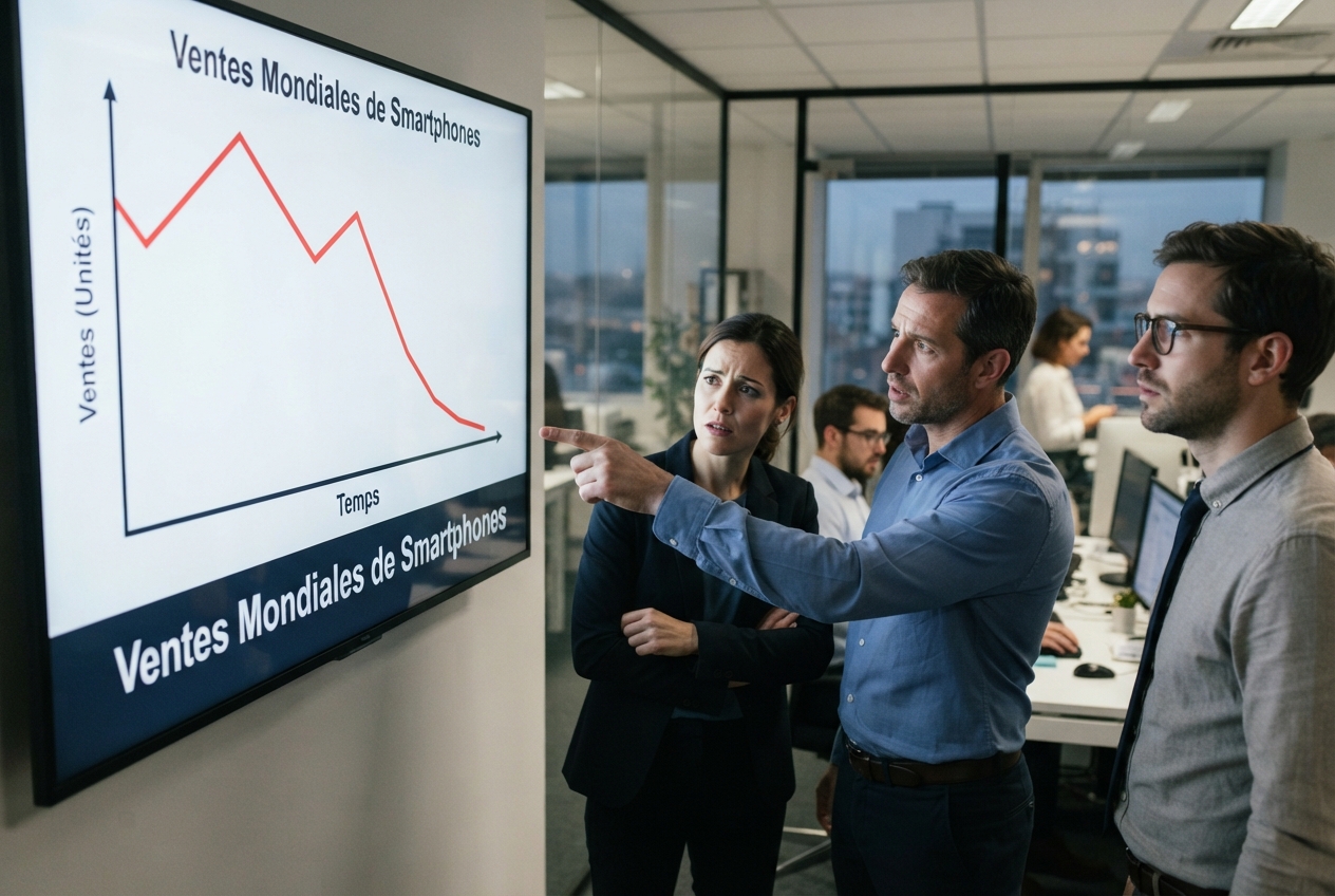 Graphique montrant une baisse des ventes mondiales de smartphones avec des personnes en arrière-plan.