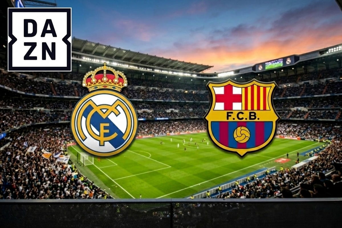 Logos du Real Madrid et du FC Barcelone superposés sur une photographie de stade de football.