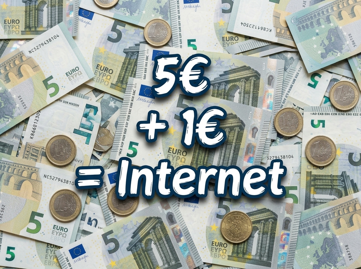 "5€ + 1€ = Internet" sur fond de billets et pièces, car 6€ et le nouveau minimum pour obtenir un peu de données mobile avec son forfait