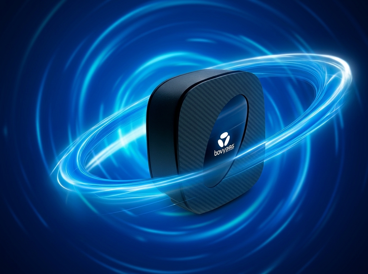 Boîtier électronique noir avec logo Bovyobs sur fond bleu avec des effets de lumière circulaires.