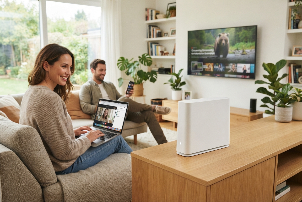 Box internet blanche connectée à un ordinateur, un smartphone et une télévision dans un salon moderne.