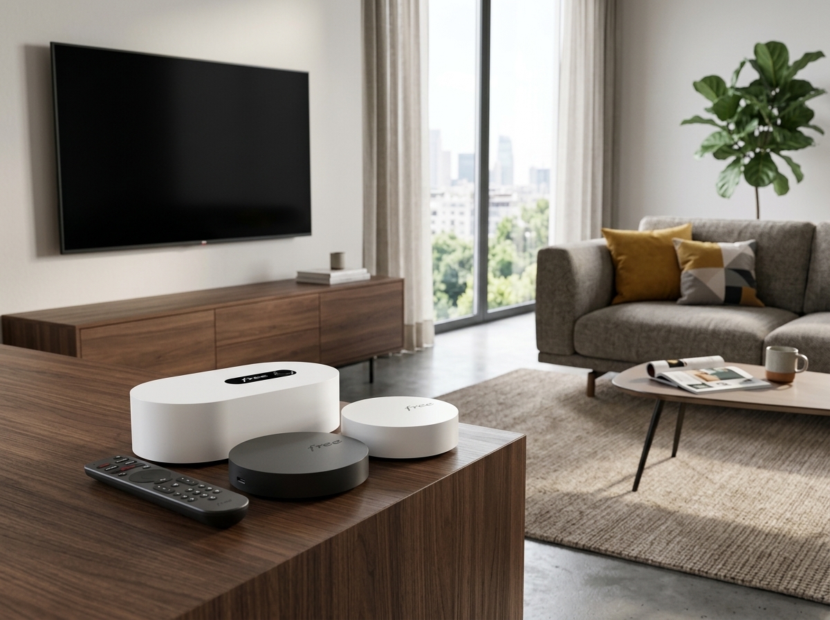 Box internet Free et télécommande posées sur un meuble dans un salon avec canapé et télévision.