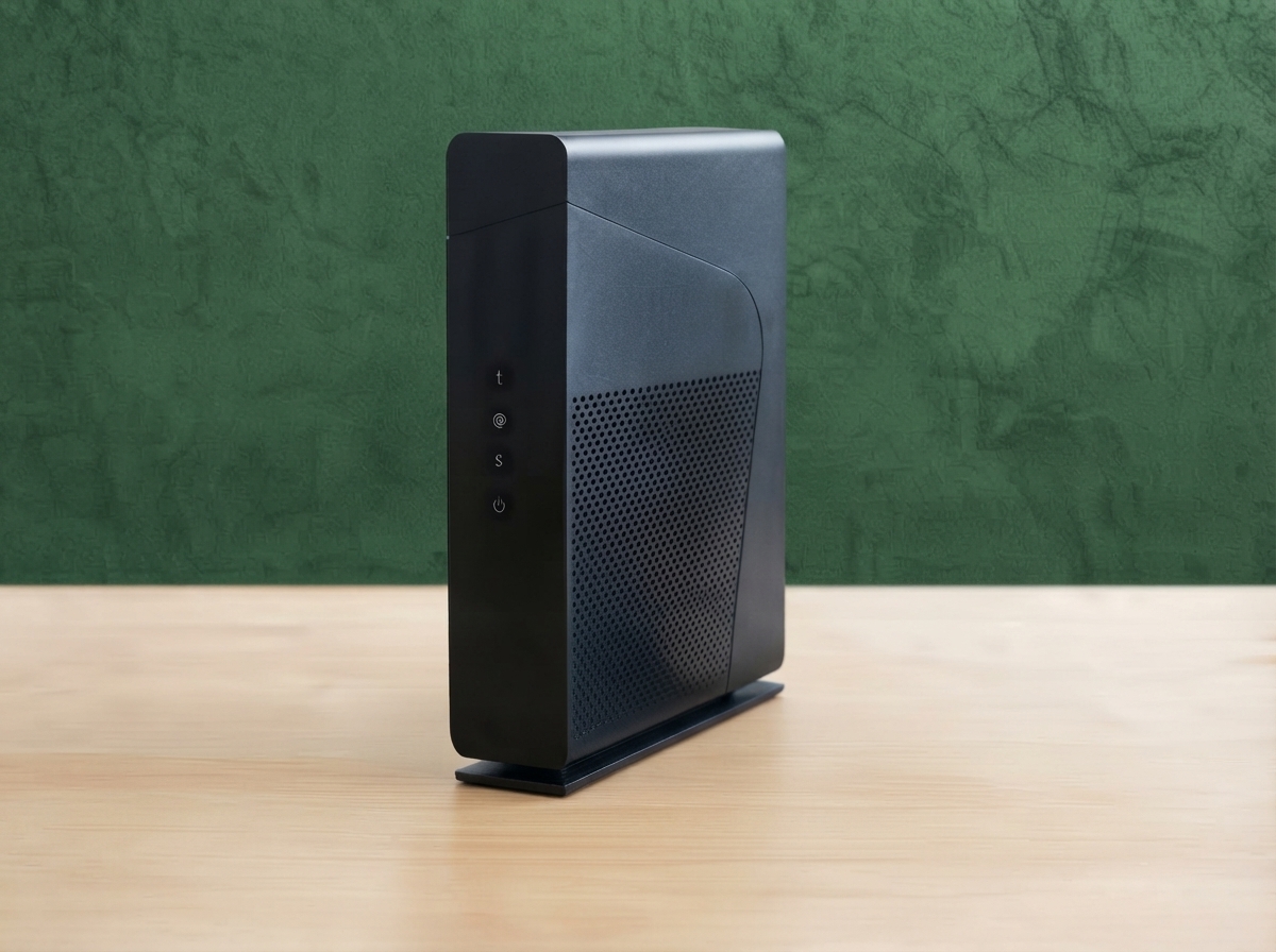 Box internet noire posée sur une table en bois devant un fond vert pour une offre éco-environnement.