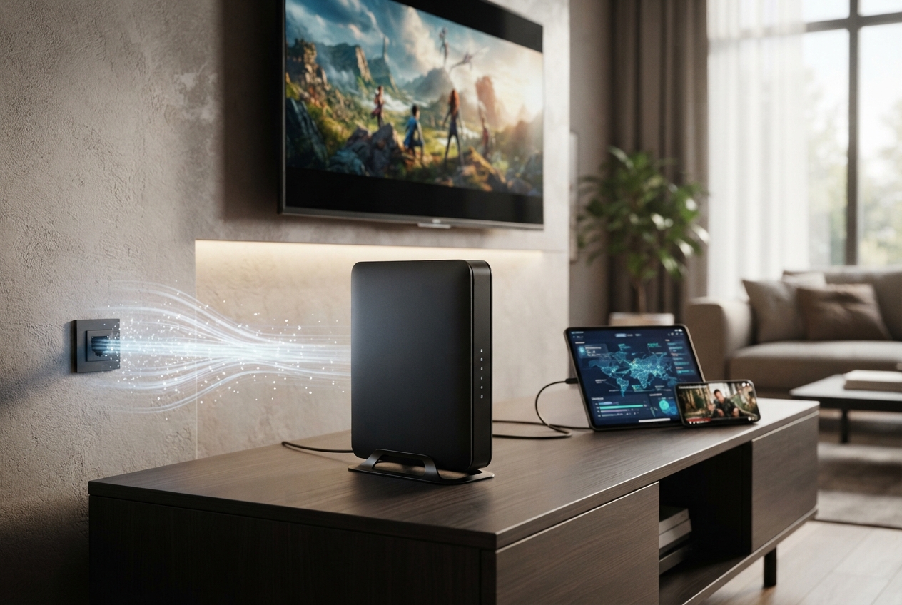Box internet noire dans un intérieur moderne avec symboles de fibre optique, Wi-Fi 7 et divertissement multimédia.
