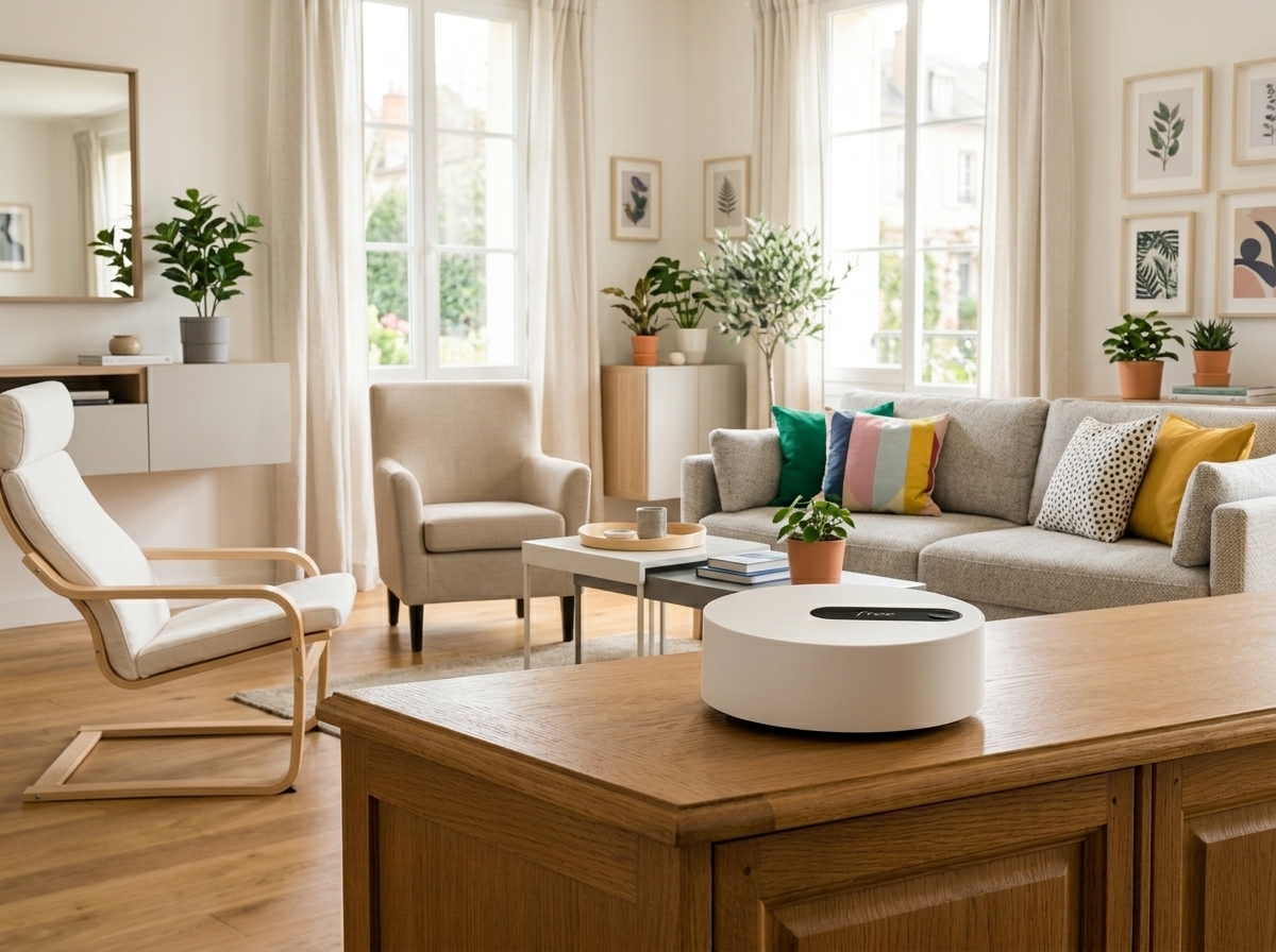 Box internet posée sur un meuble dans un salon de maison française avec canapé, fauteuil et plantes.
