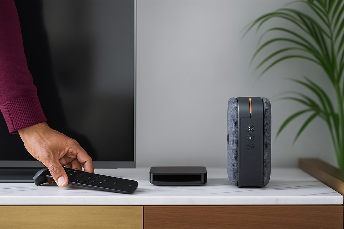 Une box internet et un décodeur sont posés près d'une TV dans un salon
