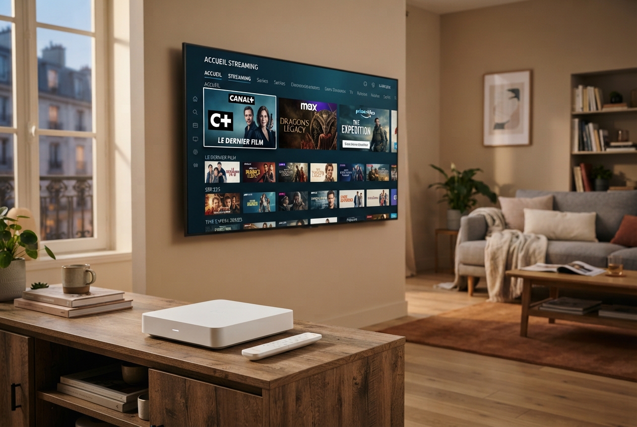 Box internet blanche sur un meuble TV dans un salon avec une télévision affichant des contenus de streaming.
