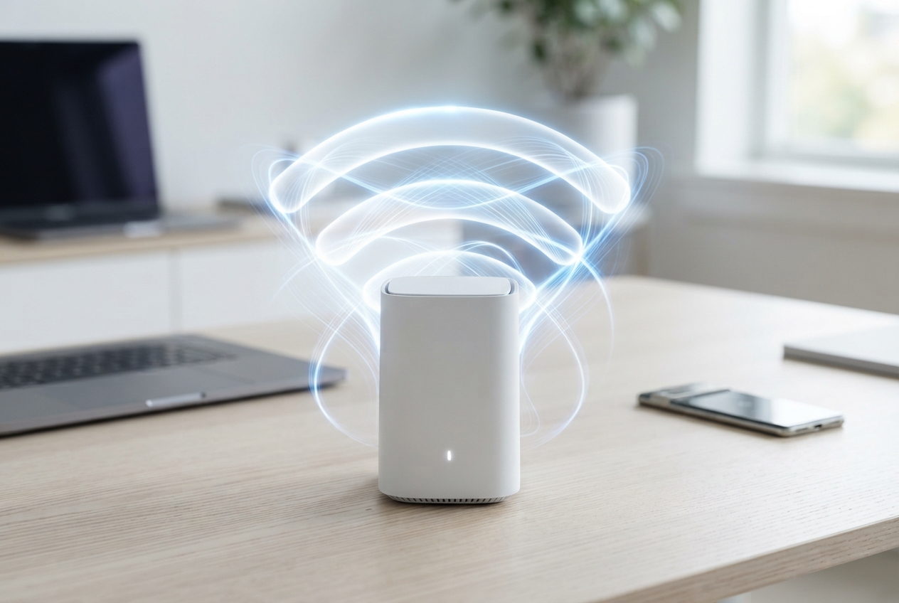 Box internet moderne au centre avec ondes Wi-Fi 7 lumineuses, entourée d'un smartphone et d'un ordinateur.