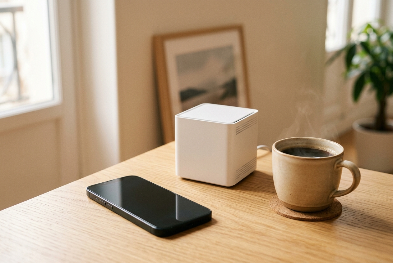 Smartphone, routeur Wi-Fi et tasse de café sur un bureau en bois dans un salon.