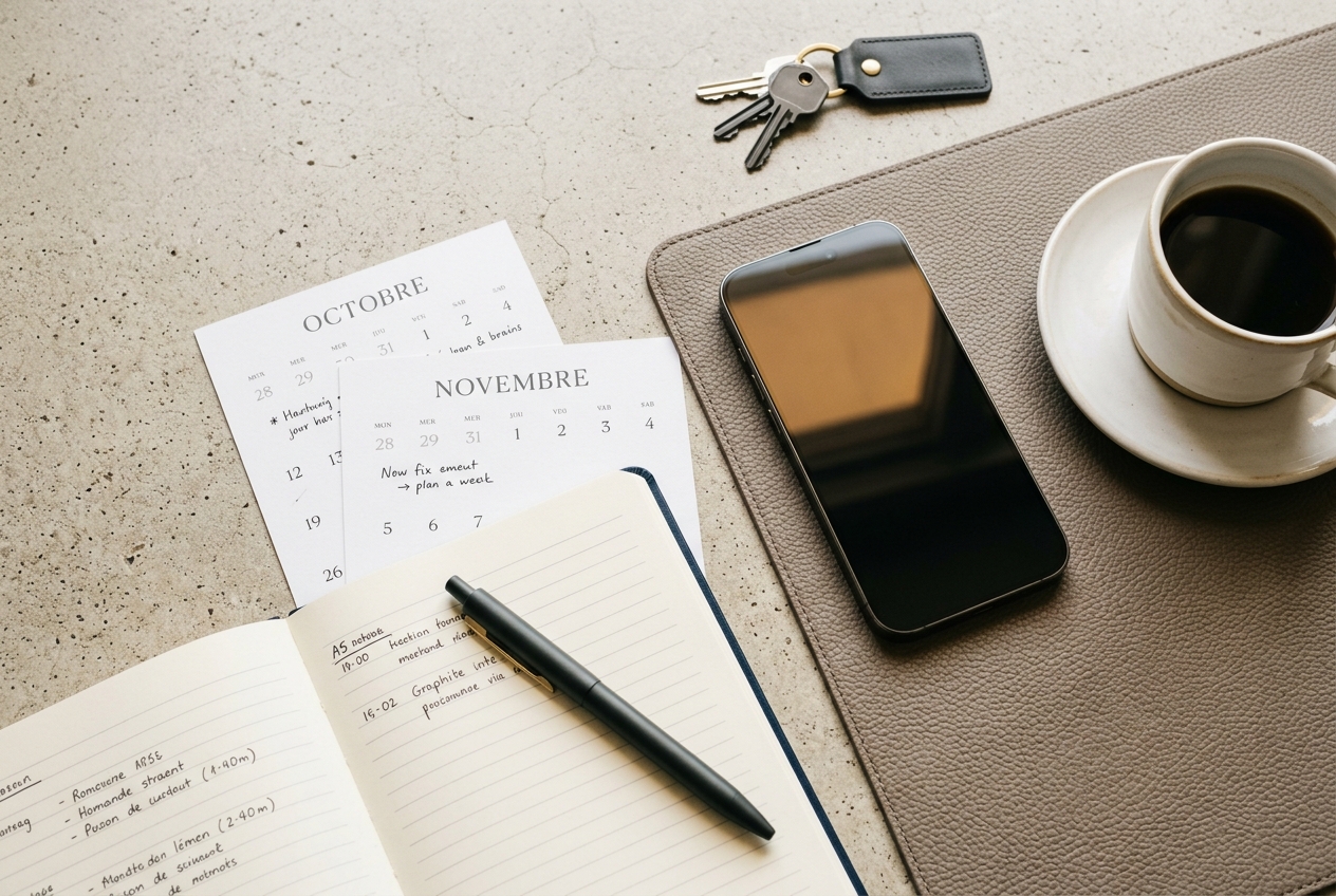 Vue de dessus d'un bureau avec smartphone, carnet, tasse et accessoires sur fond minéral.
