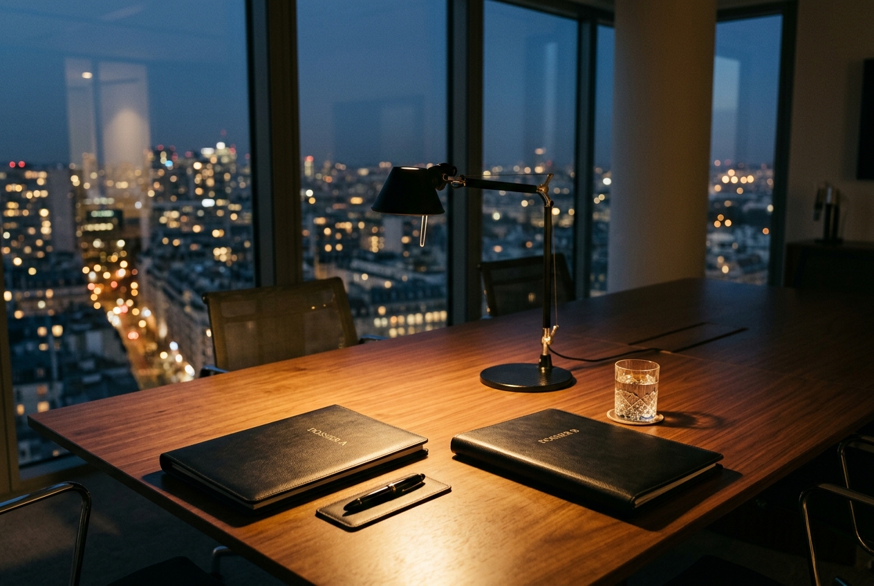Bureau avec deux dossiers en cuir, un stylo et un verre d'eau sous une lampe, vue sur une ville nocturne.