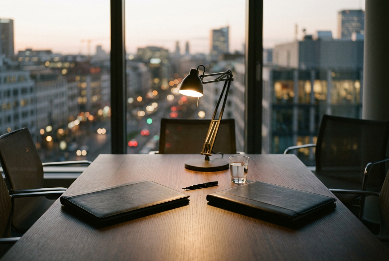 Bureau avec deux dossiers en cuir, un stylo et un verre d'eau sous une lampe sur une table en soirée.