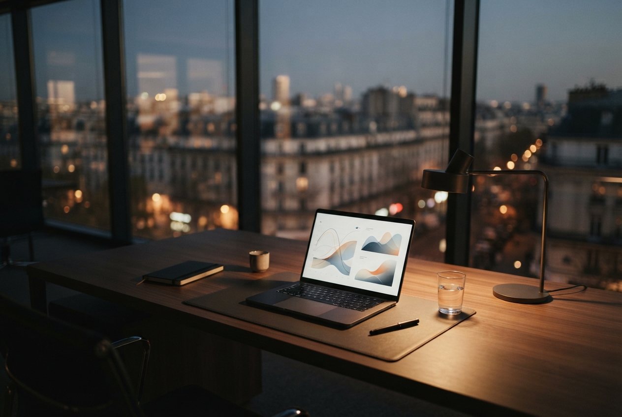Bureau moderne en soirée avec ordinateur, lampe et vue sur une ville floue.