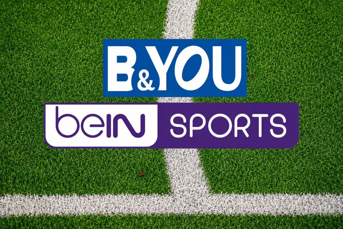 Logos de B&YOU et beIN Sports sur fond de terrain de foot, car nouveau forfait 5G de 170Go avec abonnement beIN inclus, parfait pour la coupe du monde qui va débuter