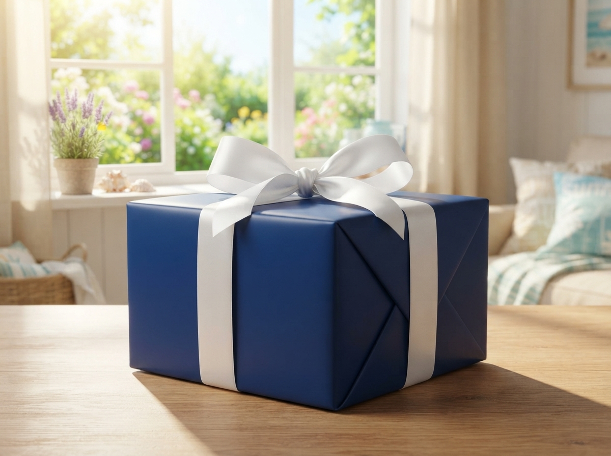 Cadeau bleu sur table, car 1 mois d'abonnement offert chez La Poste Mobile
