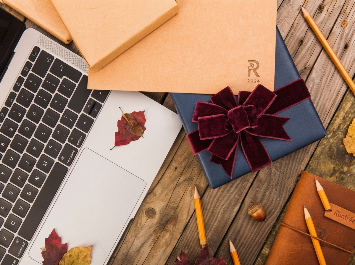 Ordinateur, cahiers, crayons et cadeau bleu avec ruban bordeaux sur une table en bois avec des feuilles d'automne.