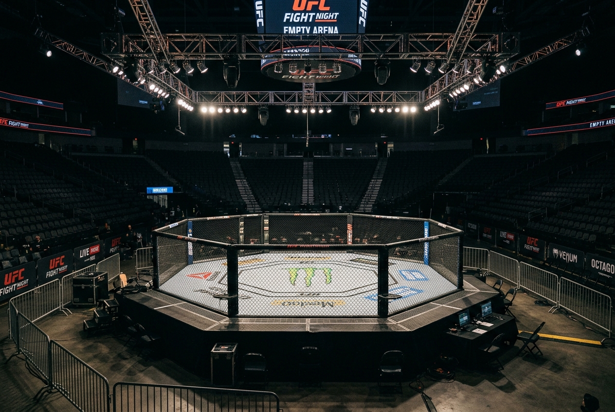 Cage de combat MMA vide avec sol en toile et grillages métalliques.