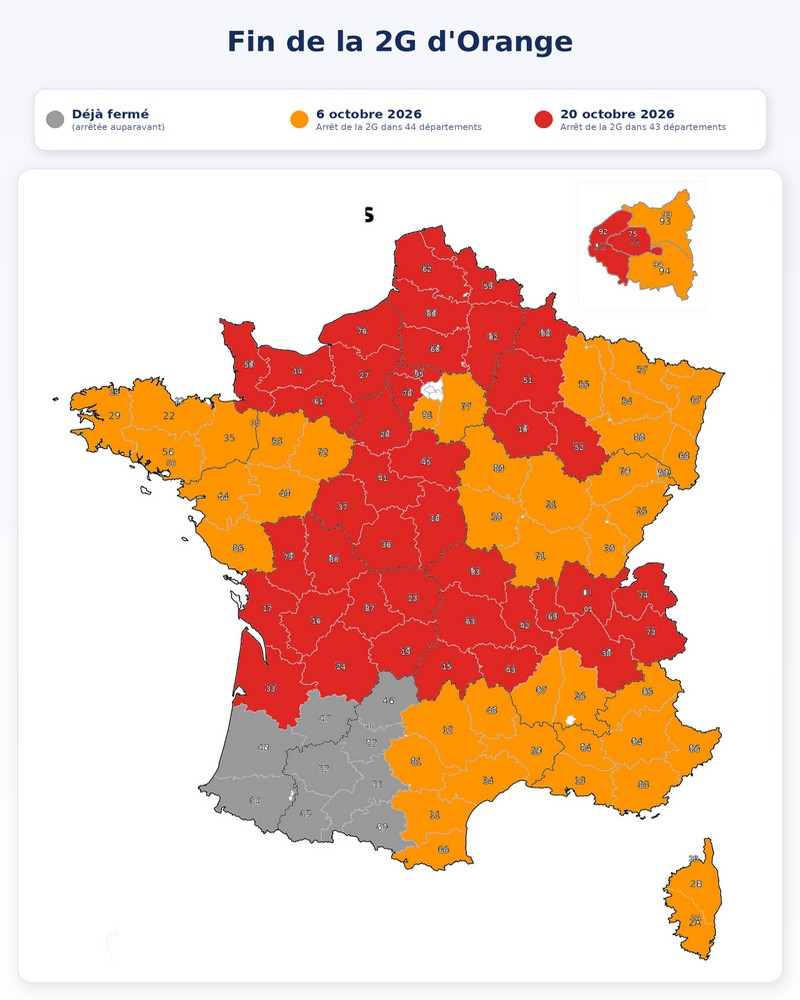 La carte des départements où la 2G d'Orange est coupée