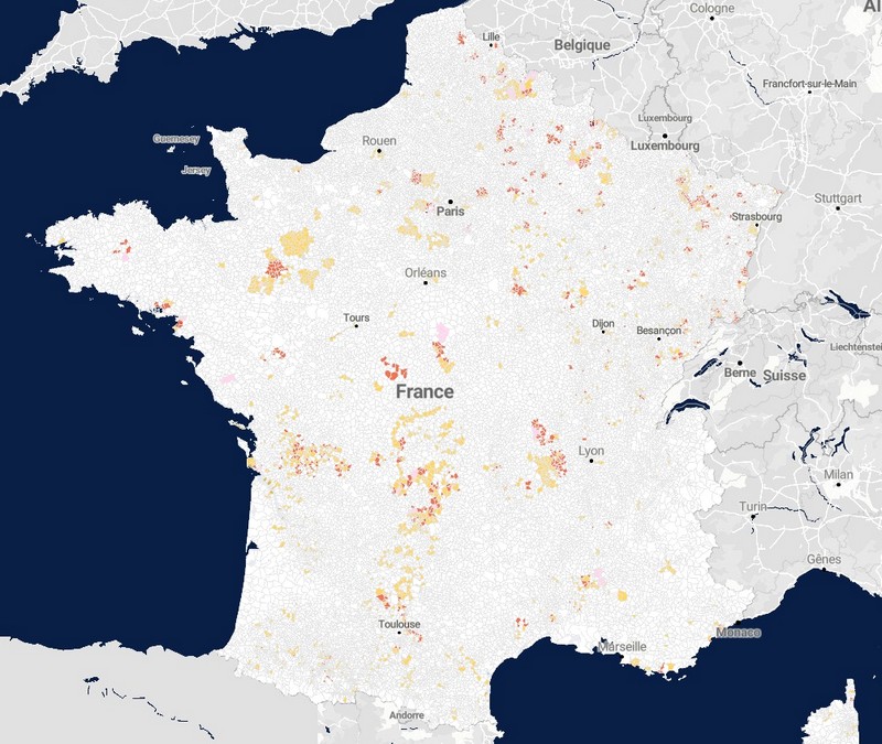 Carte Ariase des communes concernées par la fermeture ADSL