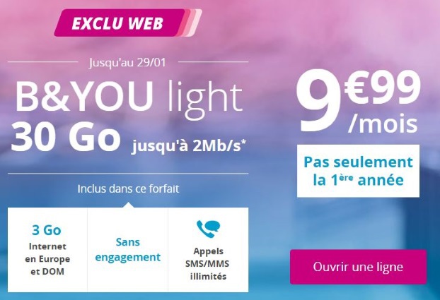 Bouygues : retour du forfait B&You 30 Go à 10€/mois à vie, avec débit réduit