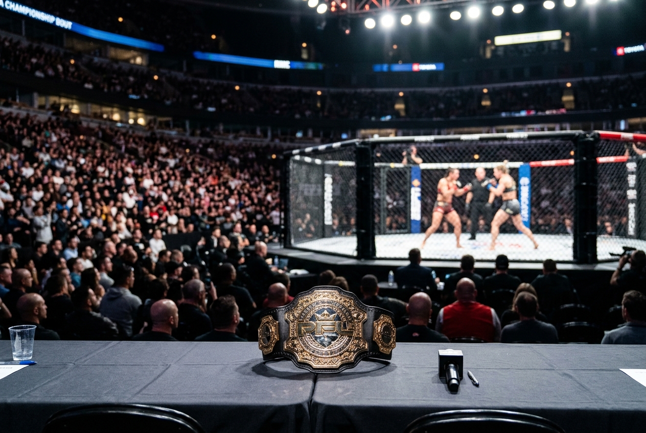 Ceinture de championnat de MMA posée sur une table officielle dans une arène de Chicago avec public en arrière-plan.