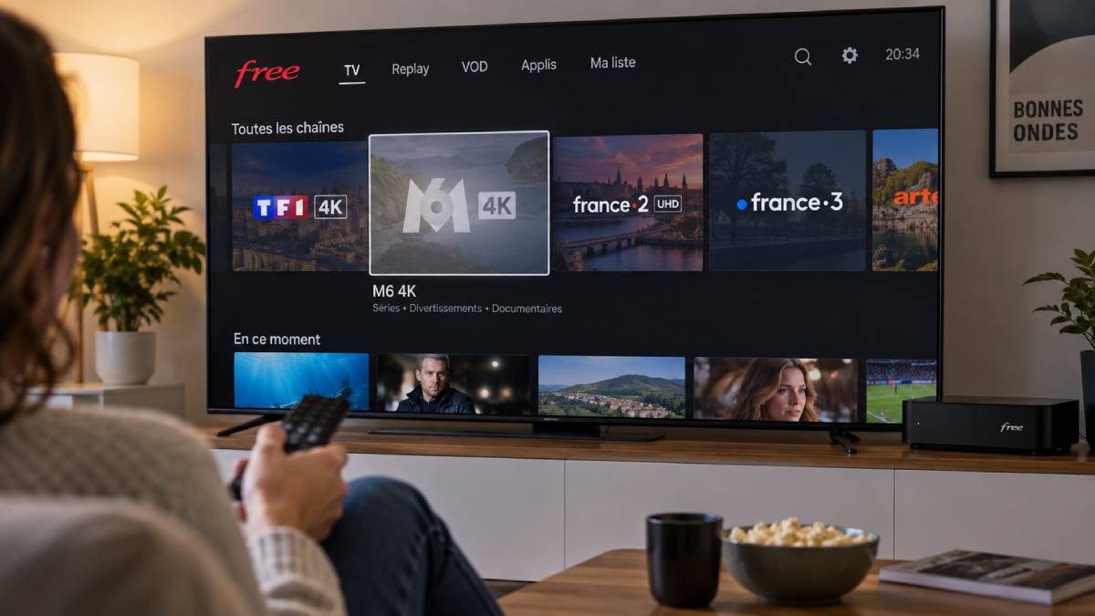 Salon avec téléviseur 4K allumé affichant une chaîne standard, Freebox visible, illustrant l'arrêt du canal M6 4K.