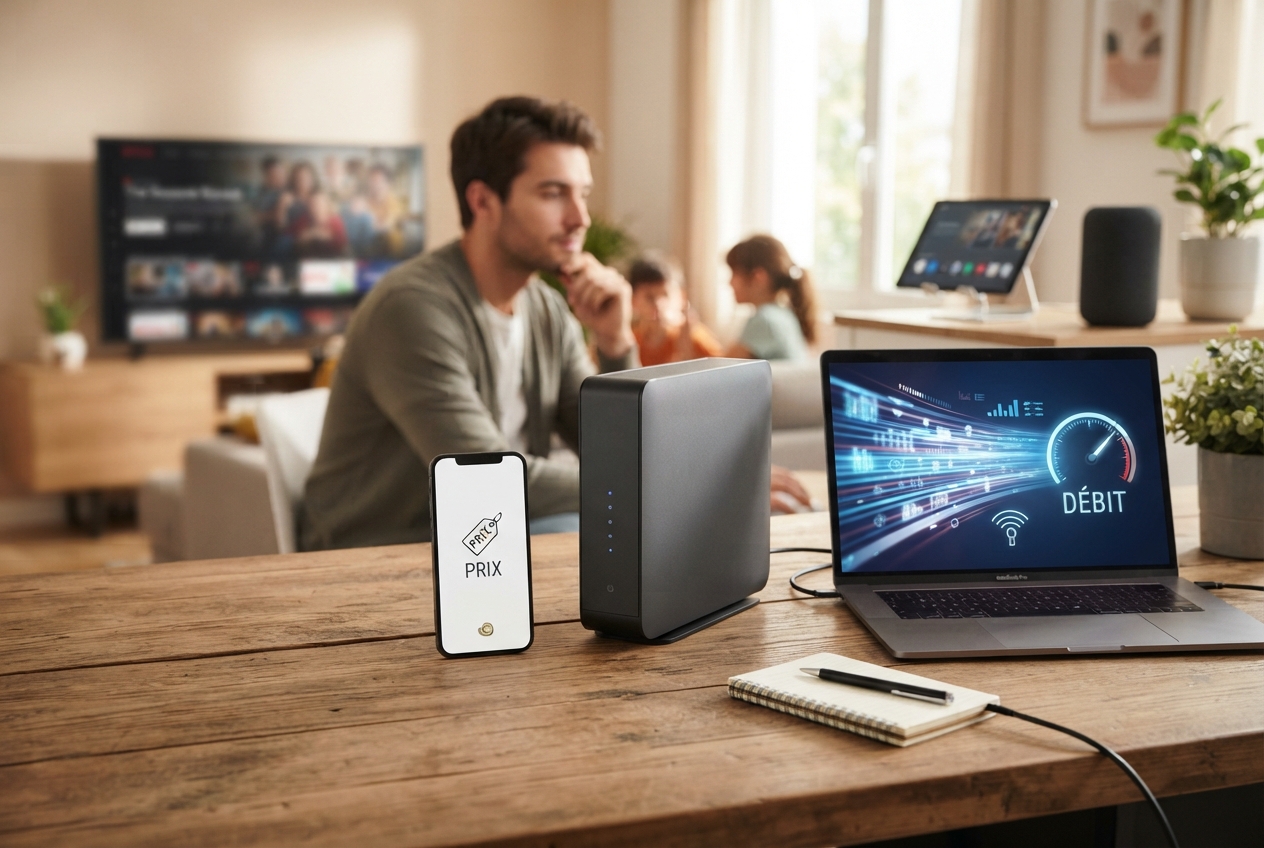 Box internet entourée d'un smartphone symbolisant le prix et d'un ordinateur illustrant la vitesse de connexion.