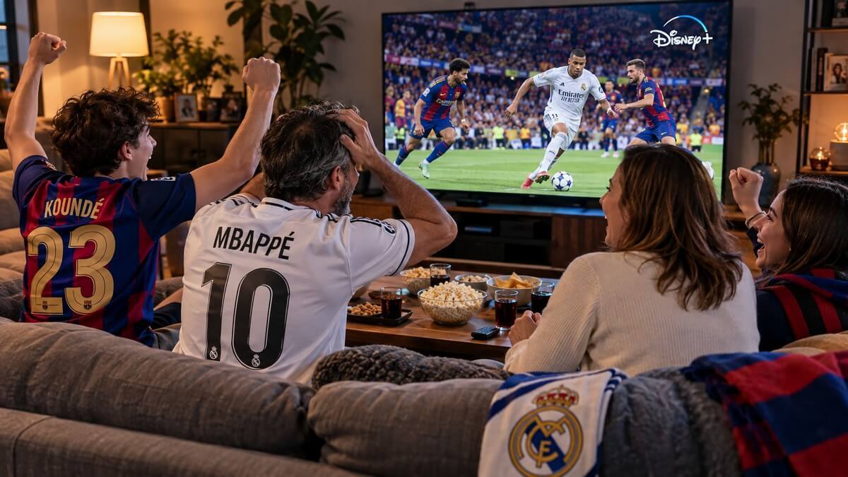 Écran de télévision diffusant un match de football entre le Real Madrid et le FC Barcelone sur Disney+.