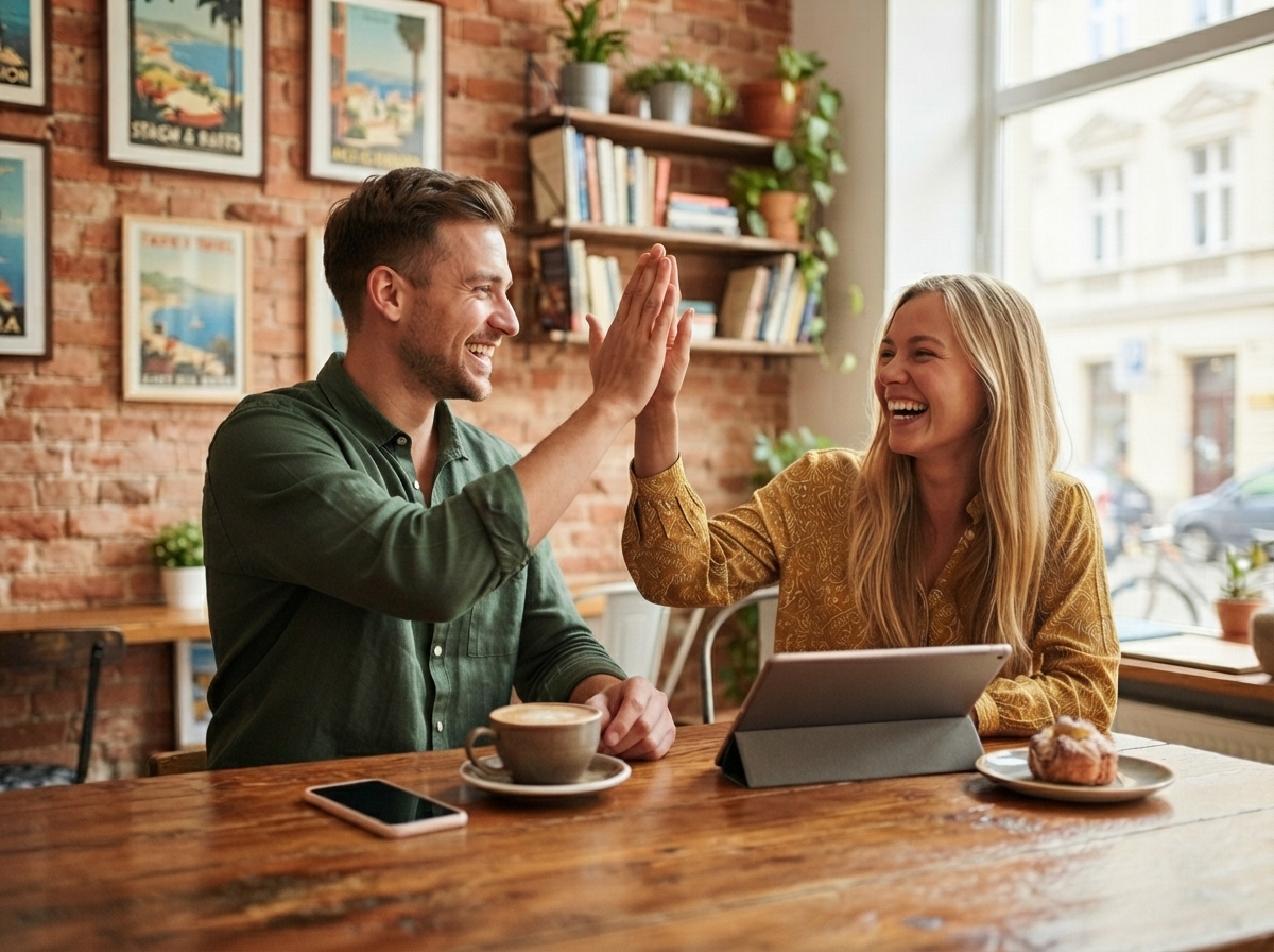 Un homme et une femme font un check dans un bureau moderne avec des ordinateurs sur le bureau.