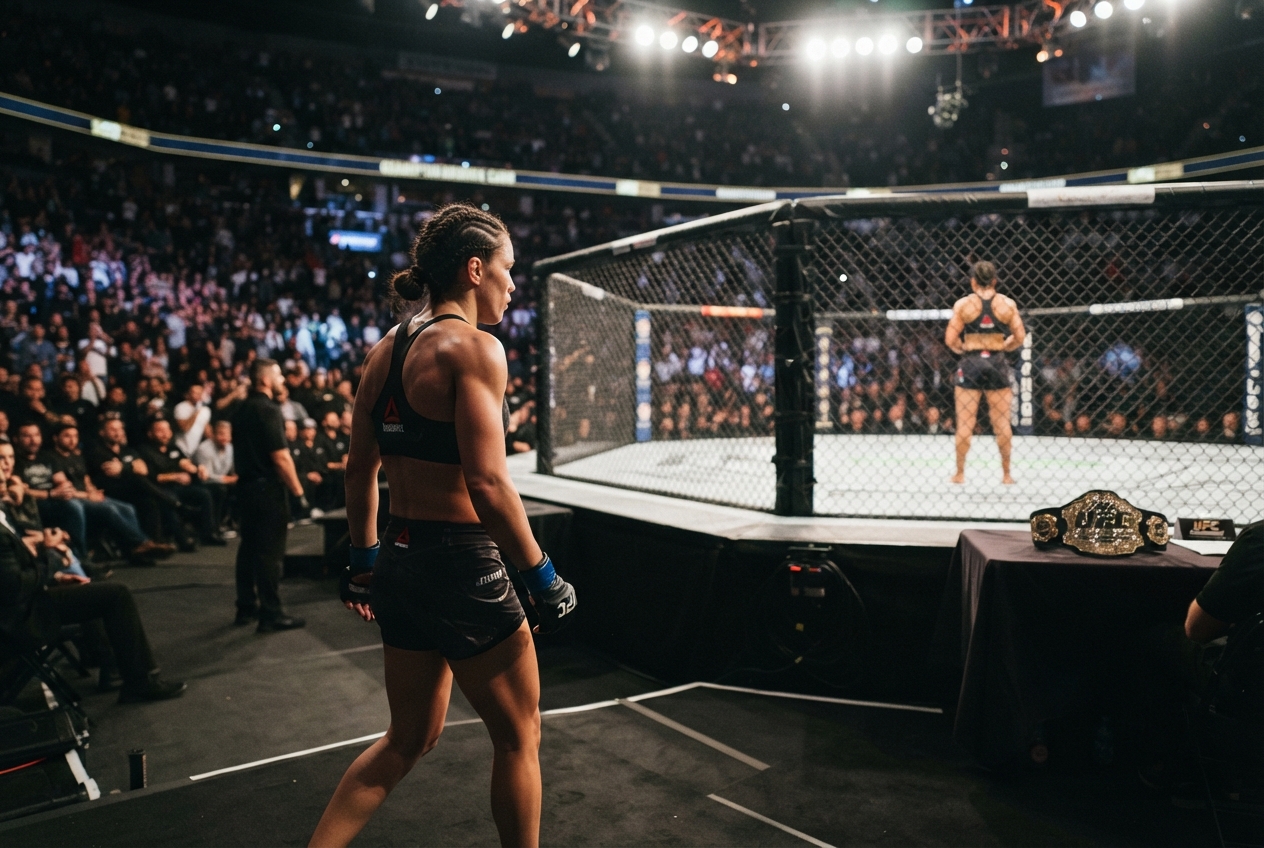 Une combattante de MMA s'approche de l'octogone dans une arène remplie avant un combat pour le titre.