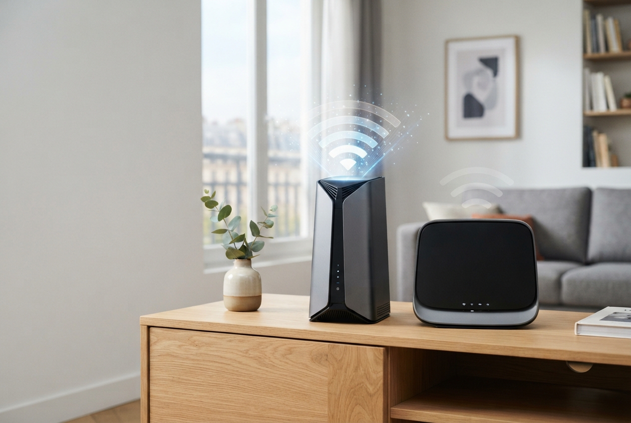 Deux box internet modernes côte à côte sur un meuble, illustrant une comparaison de technologies Wi-Fi.