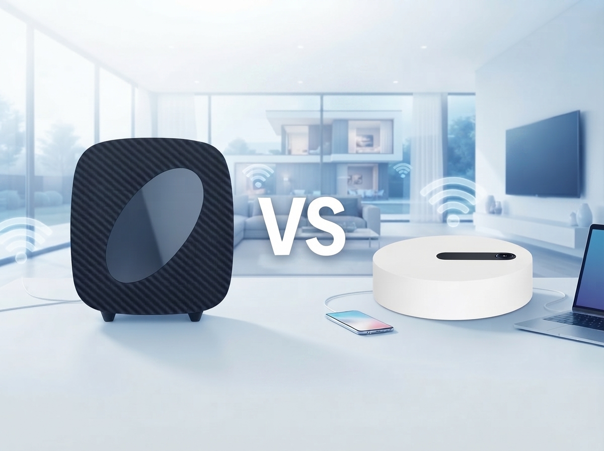 Comparaison de deux box fibre avec Wi-Fi 7, prix de 24,99 euros par mois et appareils connectés.