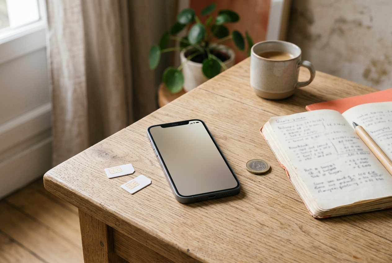 Deux cartes SIM, un smartphone, une pièce d'euro et un carnet sur une table en bois.