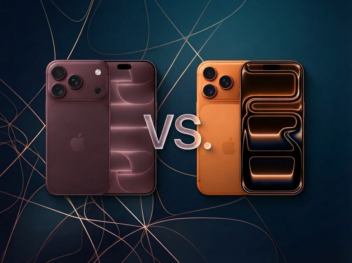 Comparaison de deux modèles d'iPhone avec des coloris différents sur un fond abstrait.